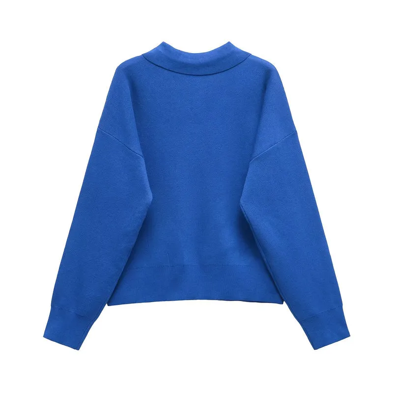 Damen Strick-Polo-Pullover mit Knopfleiste, Brusttasche und überschnittener Schulter Drune