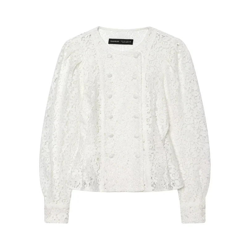 Damen Spitzenjacke mit zarter Blumen-Spitze, dekorativer Knopfleiste und ballonärmeln Drune