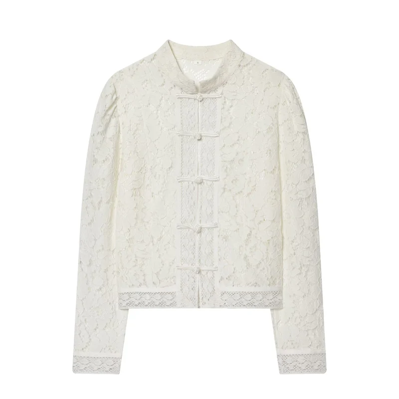 Damen Spitzenjacke mit Stehkragen und chinesischen Knotenverschlüssen Drune