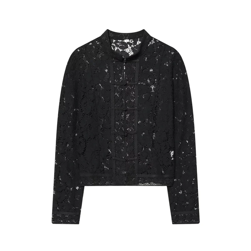 Damen Spitzenjacke mit Stehkragen und chinesischen Knotenverschlüssen Drune