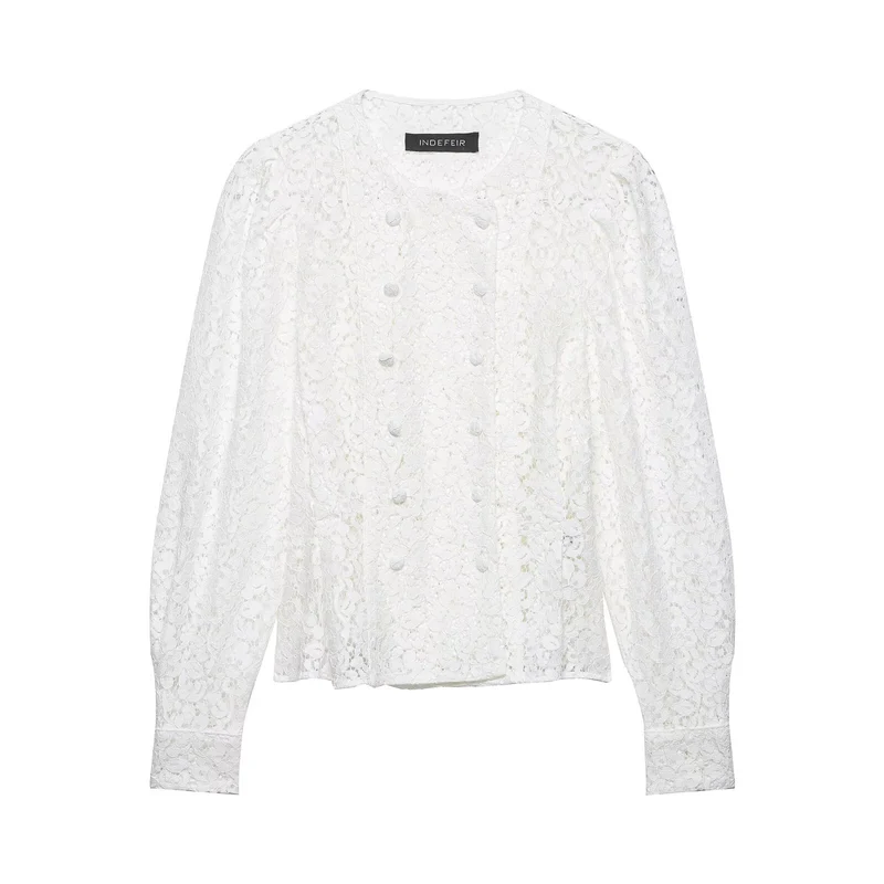Damen Spitzenbluse im Jackenlook mit floralem Spitzenmuster und Zierknopfleiste Drune