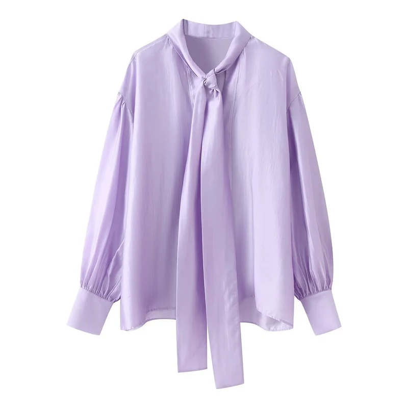 Damen Seidenähnliche Bluse mit weitem Schnitt, langen Schleifenbändern und Ballonärmeln Drune