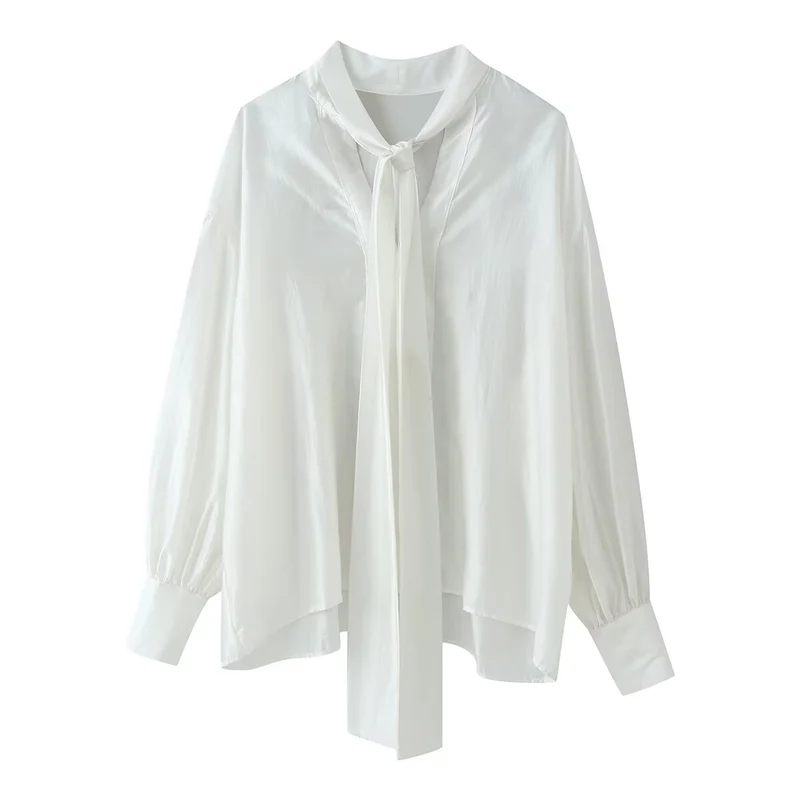 Damen Seidenähnliche Bluse mit weitem Schnitt, langen Schleifenbändern und Ballonärmeln Drune
