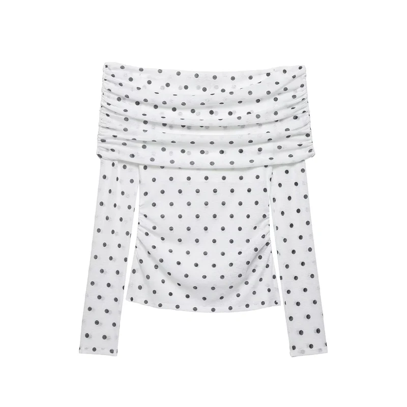 Damen Schulterfreies Langarm-Top mit Wasserfallkragen und Polka-Dot-Print Drune