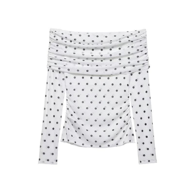 Damen Schulterfreies Langarm-Top mit Wasserfallkragen und Polka-Dot-Print Drune
