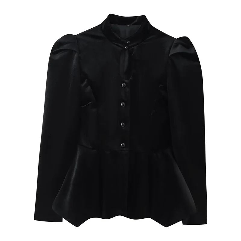 Damen Satinbluse mit Stehkragen, Puffärmeln und Peplum-Details Drune