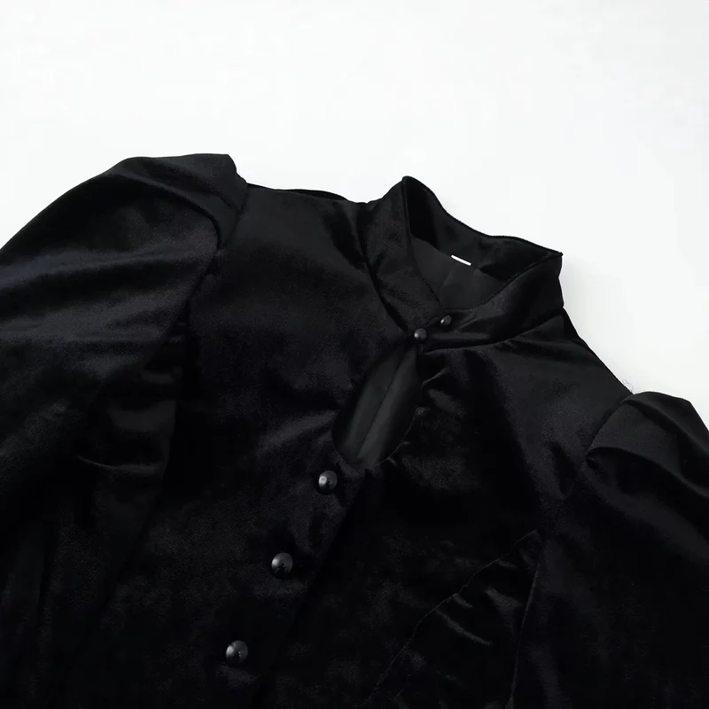 Damen Satinbluse mit Stehkragen, Puffärmeln und Peplum-Details Drune