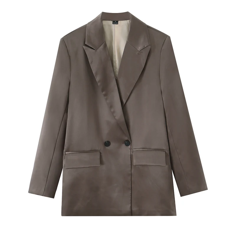Damen Satin-Longblazer mit doppelreihiger Knopfleiste, Schalkragen und Pattentaschen Drune