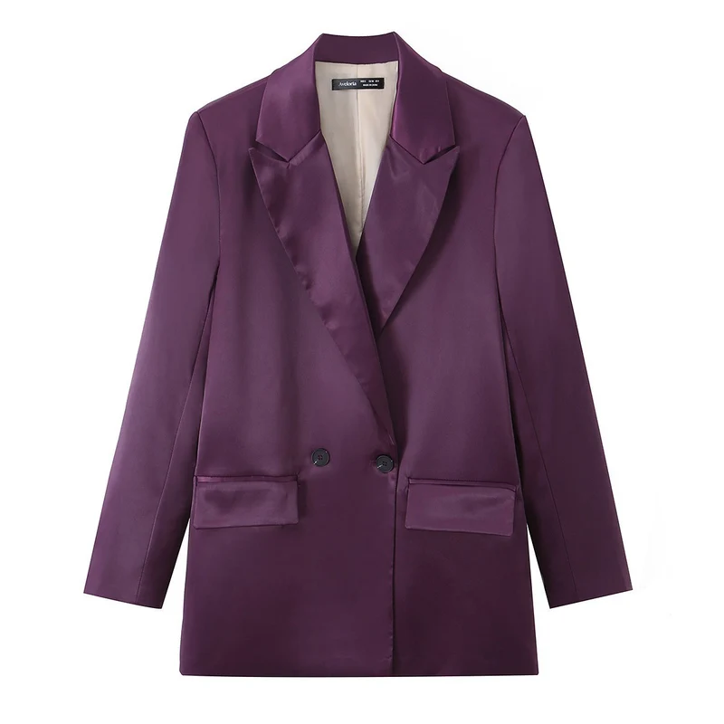 Damen Satin-Longblazer mit doppelreihiger Knopfleiste, Schalkragen und Pattentaschen Drune