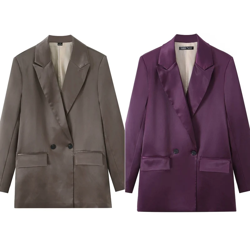 Damen Satin-Longblazer mit doppelreihiger Knopfleiste, Schalkragen und Pattentaschen Drune