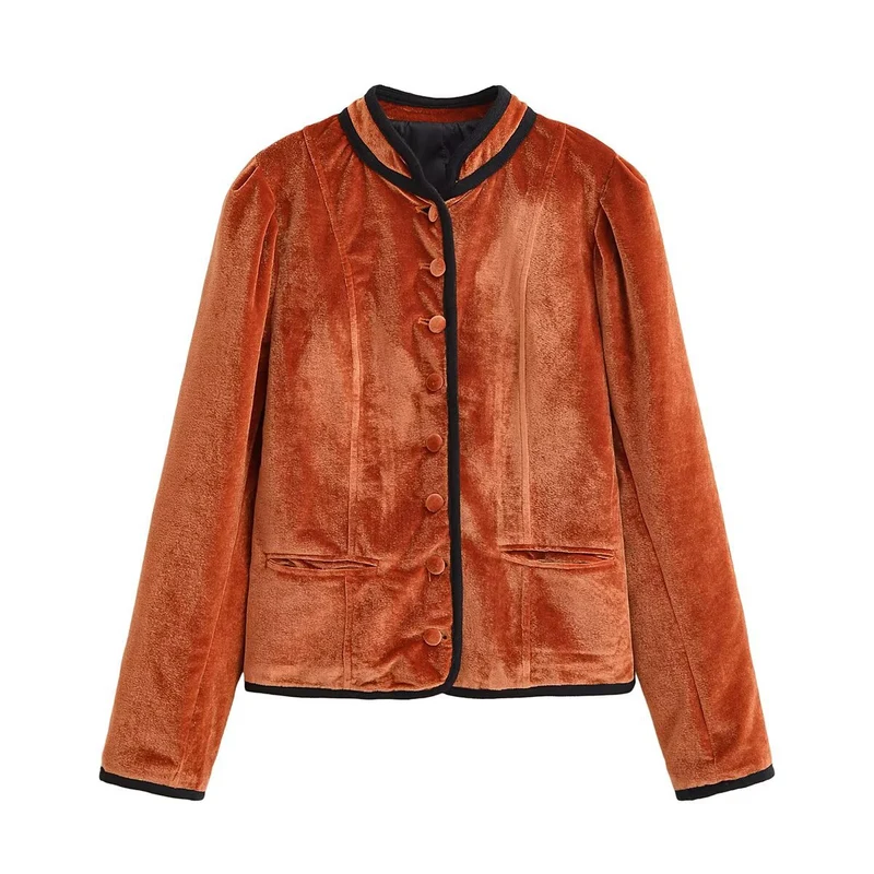 Damen Samtjacke im Blazer-Stil mit Stehkragen und bezogenen Knöpfen Drune