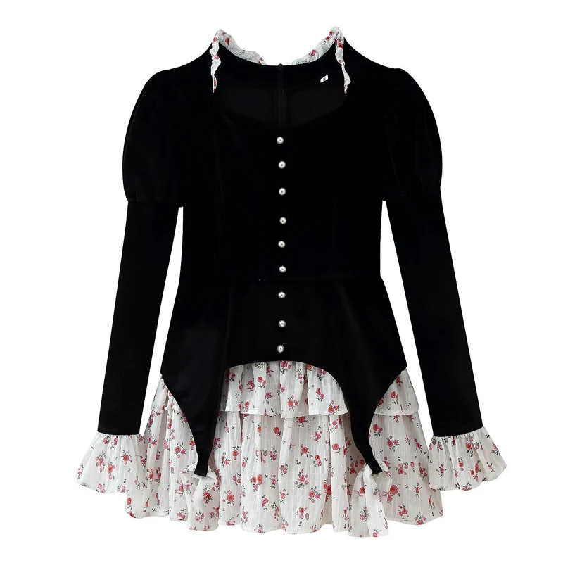 Damen Samt-Cropped-Jacke mit spitzem Schößchen, Perlenknopfleiste und Rüschenärmeln Drune