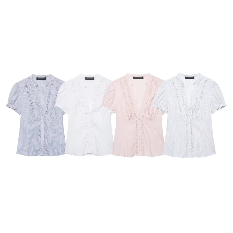 Damen Rüschenbluse mit V-Ausschnitt, Puffärmeln und tailliertem Schnitt Drune