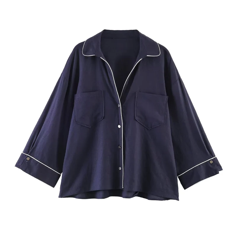 Damen Pyjama-inspirierte Oversize-Hemdbluse mit Kontrastpaspel und Brusttaschen Drune