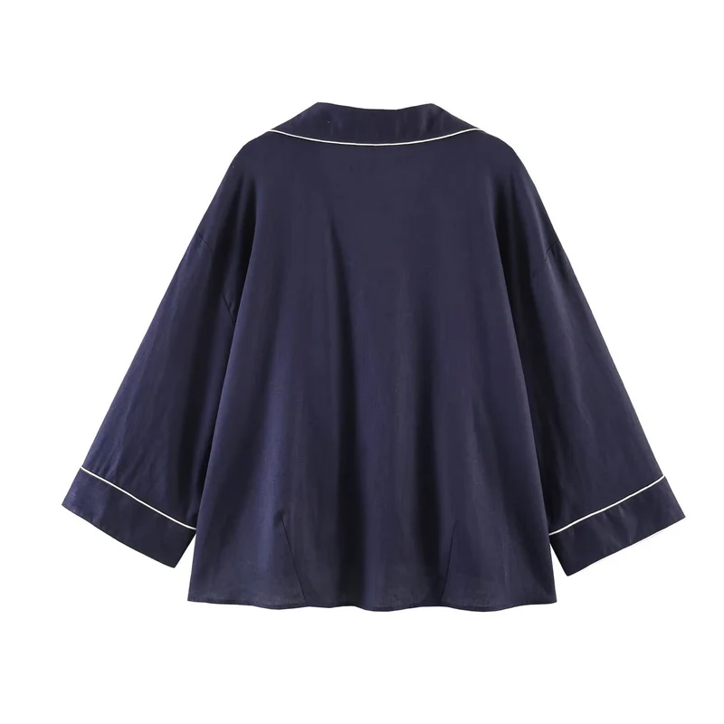Damen Pyjama-inspirierte Oversize-Hemdbluse mit Kontrastpaspel und Brusttaschen Drune