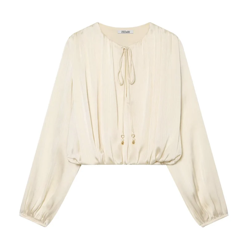 Damen Plissierte Cropped-Bluse mit Kordelzug und Ballonärmeln Drune