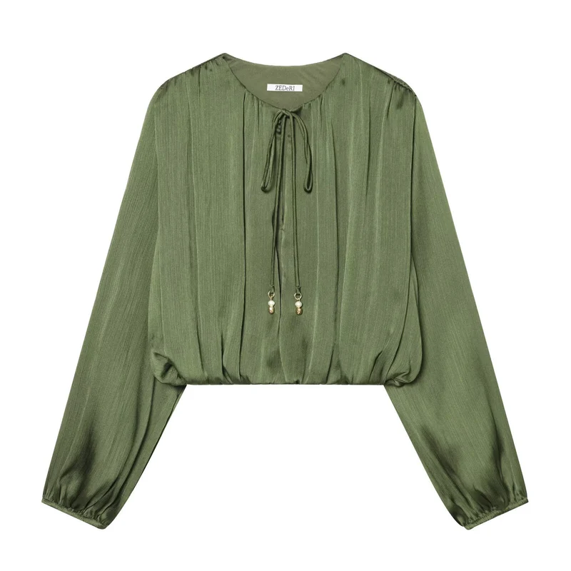 Damen Plissierte Cropped-Bluse mit Kordelzug und Ballonärmeln Drune