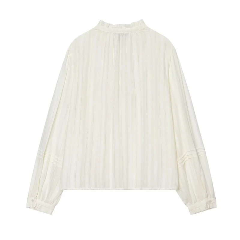 Damen Plissierte Bluse mit Rüschenkragen, Knopfleiste und Schleifenband Drune