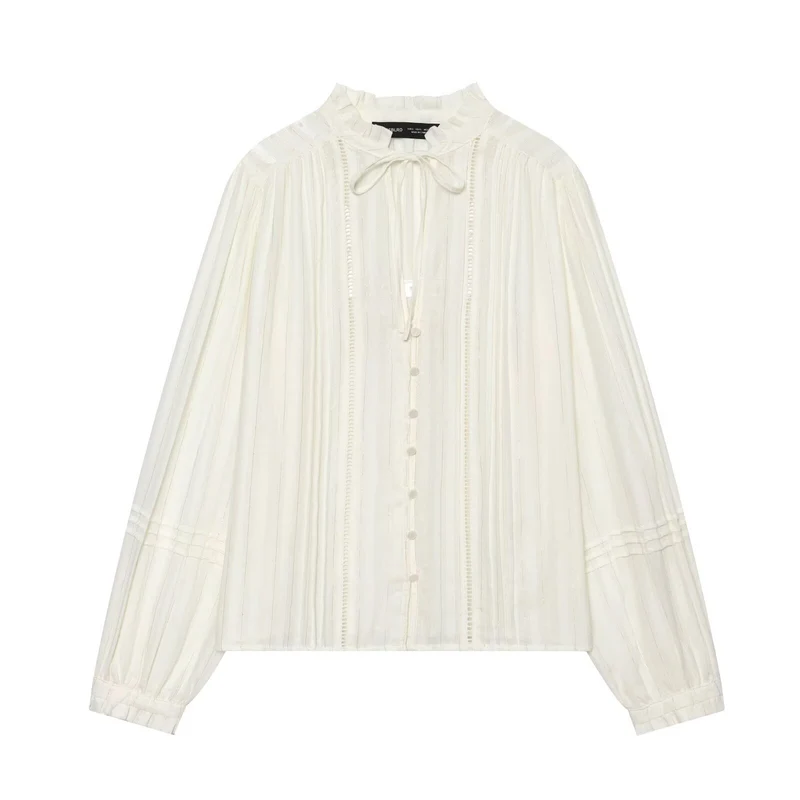 Damen Plissierte Bluse mit Rüschenkragen, Knopfleiste und Schleifenband Drune