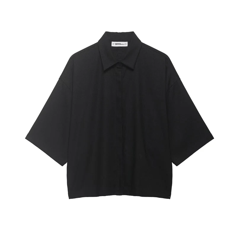 Damen Oversized Kurzarm‑Hemdbluse mit Kimonoärmeln und verdeckter Knopfleiste Drune