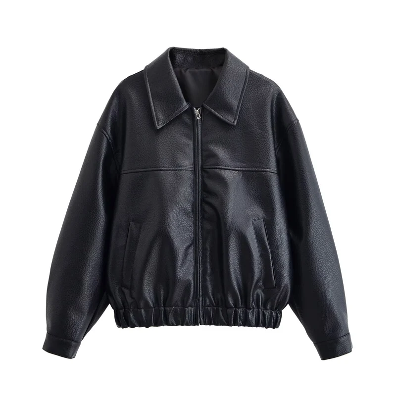 Damen Oversized Kunstleder-Bomberjacke mit Hemdkragen Reißverschluss und elastischem Saum Drune