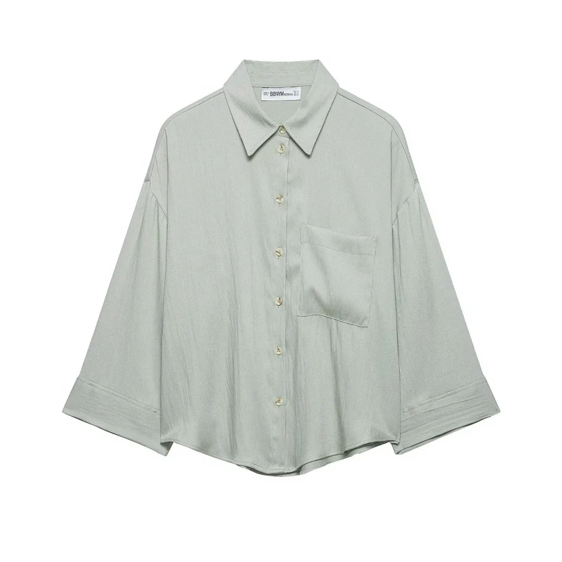 Damen Oversized Hemdbluse mit überschnittenen Schultern, dreiviertelärmeln und Brusttasche Drune