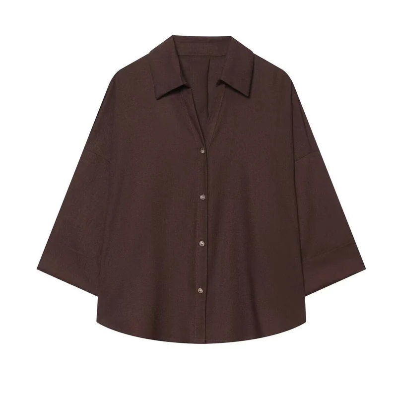 Damen Oversized Hemdbluse mit kastigem Schnitt, dreiviertelärmeln und Hornknopfleiste Drune