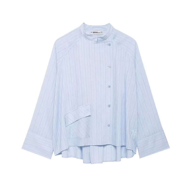 Damen Oversized gestreifte Hemdbluse mit Stehkragen, asymmetrischer Knopfleiste und High‑Low‑Saum Drune