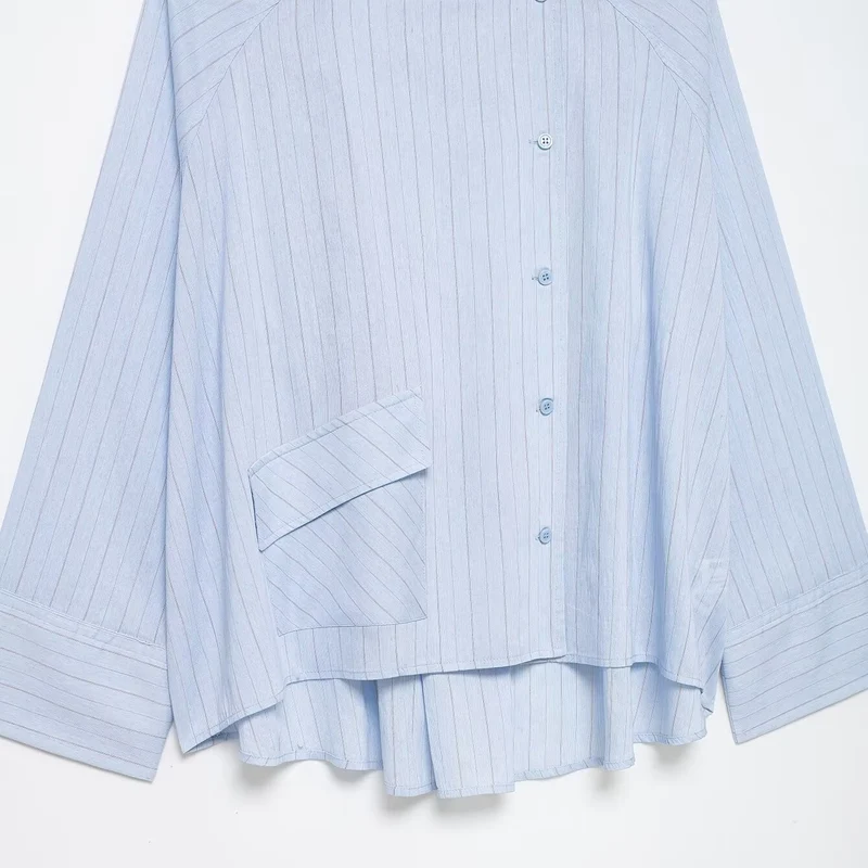 Damen Oversized gestreifte Hemdbluse mit Stehkragen, asymmetrischer Knopfleiste und High‑Low‑Saum Drune