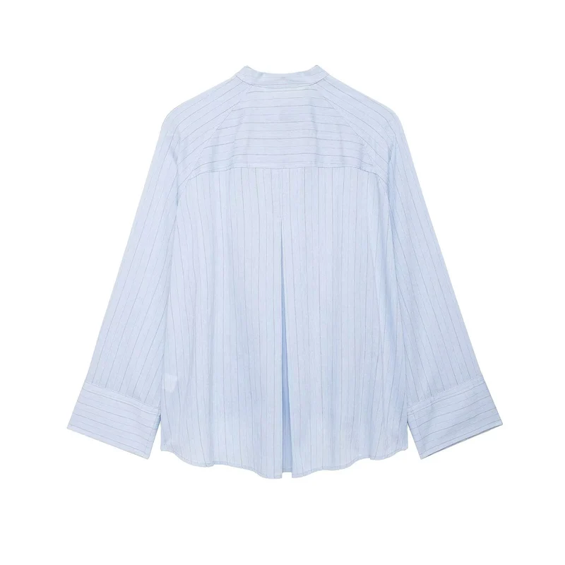 Damen Oversized gestreifte Hemdbluse mit Stehkragen, asymmetrischer Knopfleiste und High‑Low‑Saum Drune