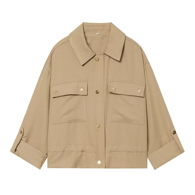 Damen Oversize Workwear-Hemdenjacke mit aufgesetzten Druckknopf‑Taschen Drune