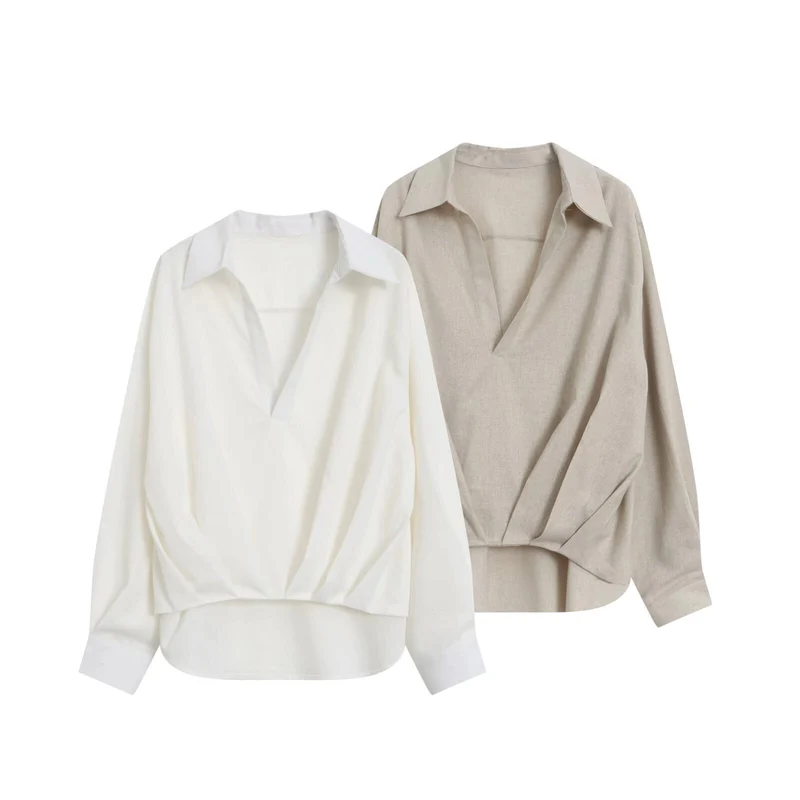 Damen Oversize Leinenoptik-Bluse mit tiefem V‑Ausschnitt, Hemdkragen und gerafftem Vorderteil Drune