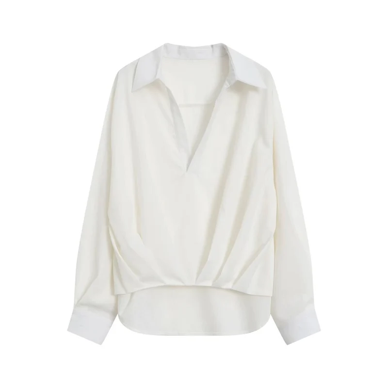 Damen Oversize Leinenoptik-Bluse mit tiefem V‑Ausschnitt, Hemdkragen und gerafftem Vorderteil Drune