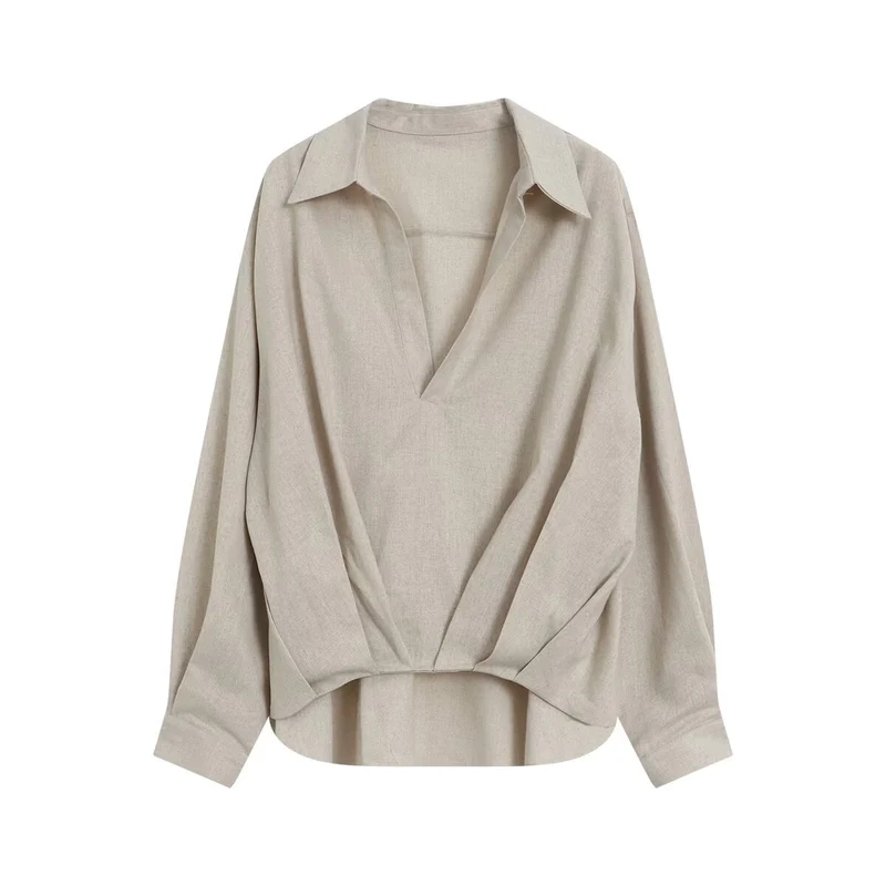 Damen Oversize Leinenoptik-Bluse mit tiefem V‑Ausschnitt, Hemdkragen und gerafftem Vorderteil Drune