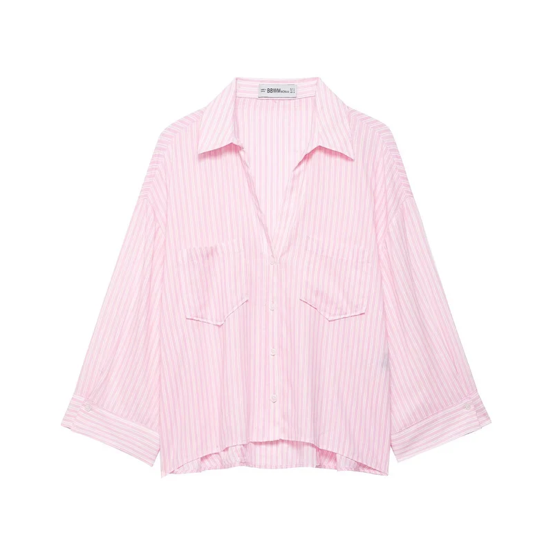 Damen Oversize-Hemdbluse mit feinem Streifenmuster, Brusttaschen und High-Low-Saum Drune