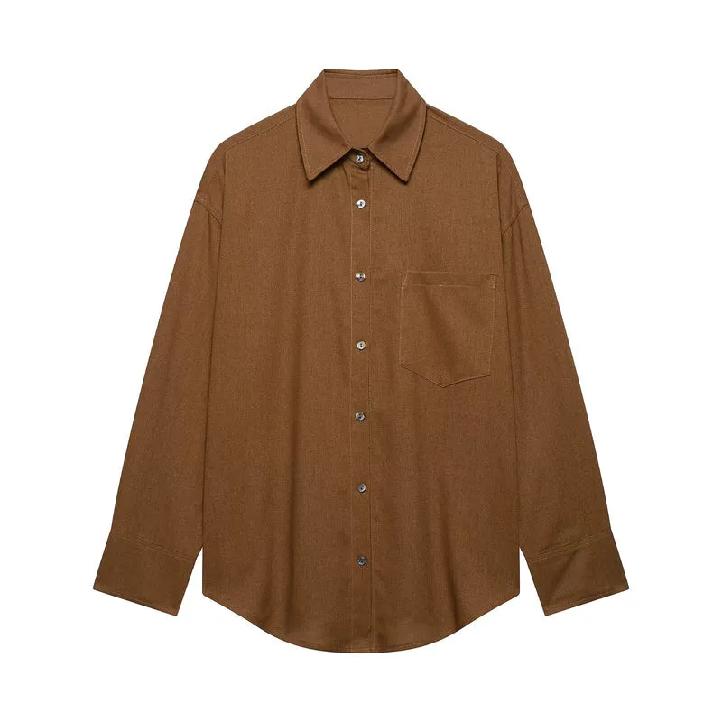 Damen Oversize Hemdbluse mit Brusttasche und überschnittenen Schultern Drune