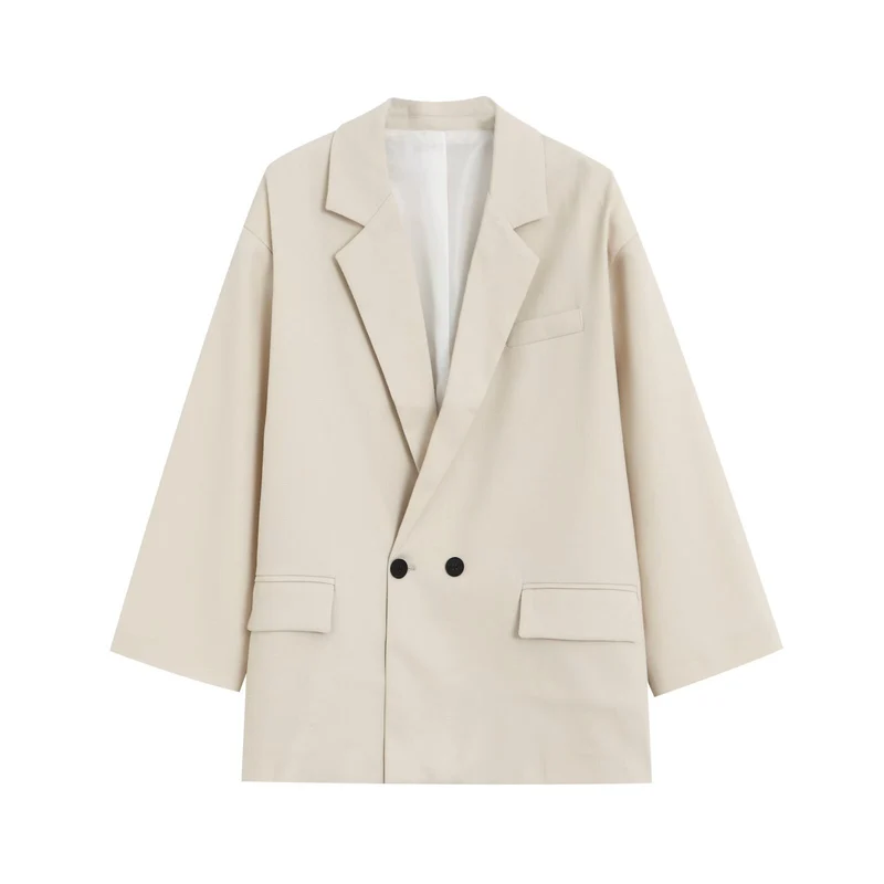 Damen Oversize Doppelreihiger Blazer mit tiefem Revers und Paspeltaschen Drune