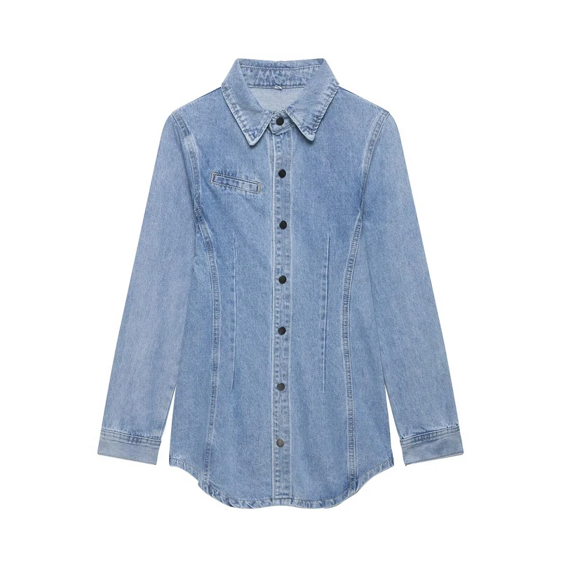 Damen Oversize Denim-Hemdjacke mit taillierten Abnähern und Druckknöpfen Drune
