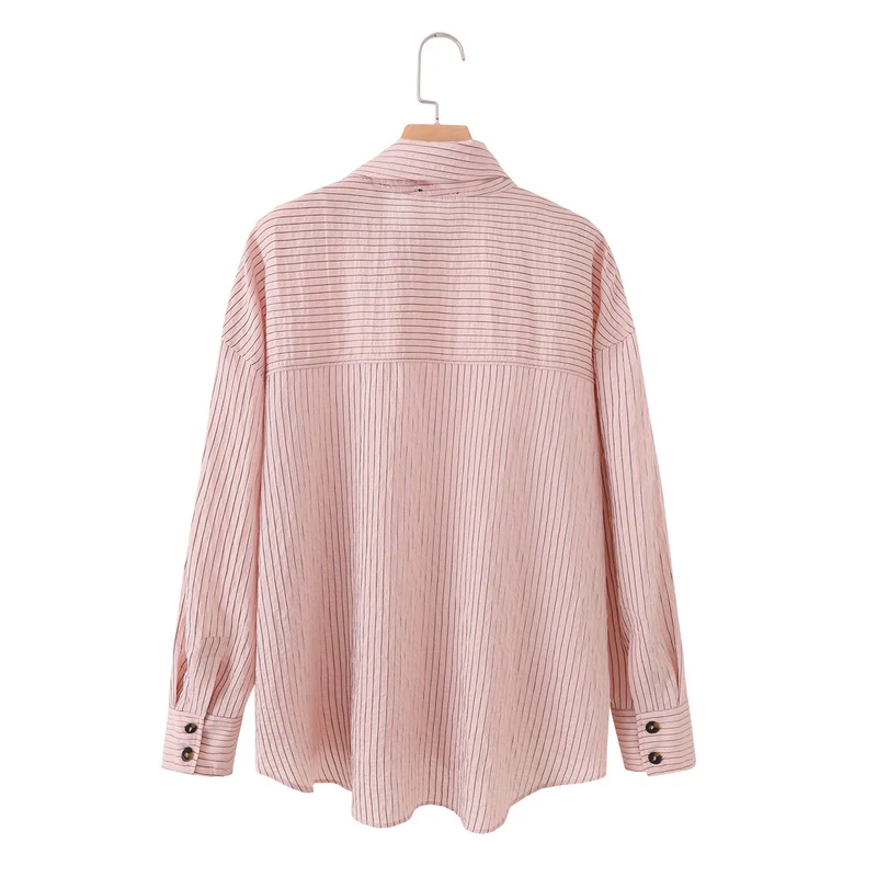 Damen Oversize-Bluse mit Stehkragen, feinen Nadelstreifen und durchgehender Knopfleiste Drune
