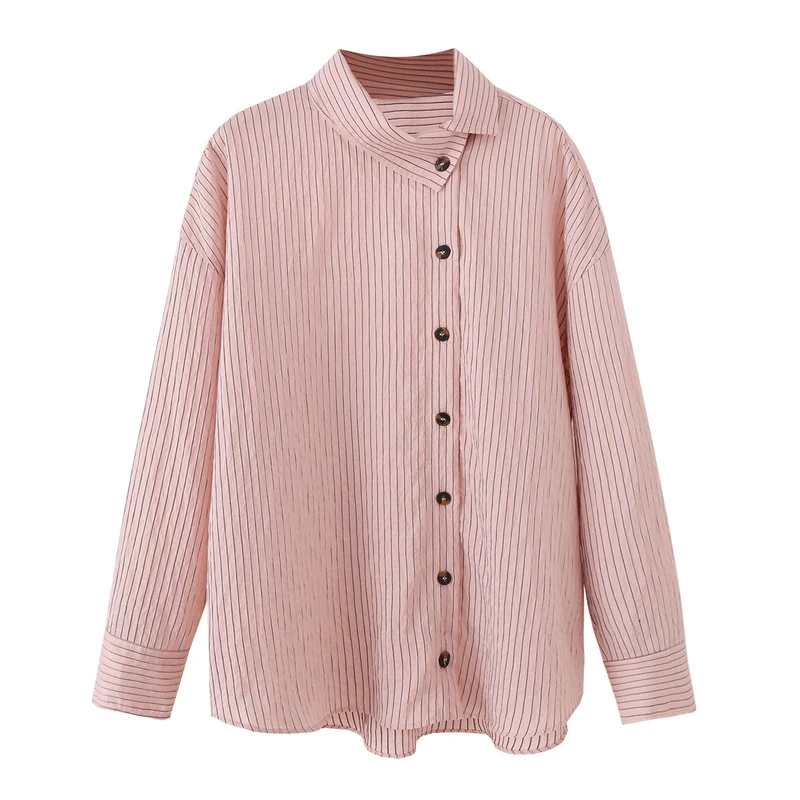 Damen Oversize-Bluse mit Stehkragen, feinen Nadelstreifen und durchgehender Knopfleiste Drune