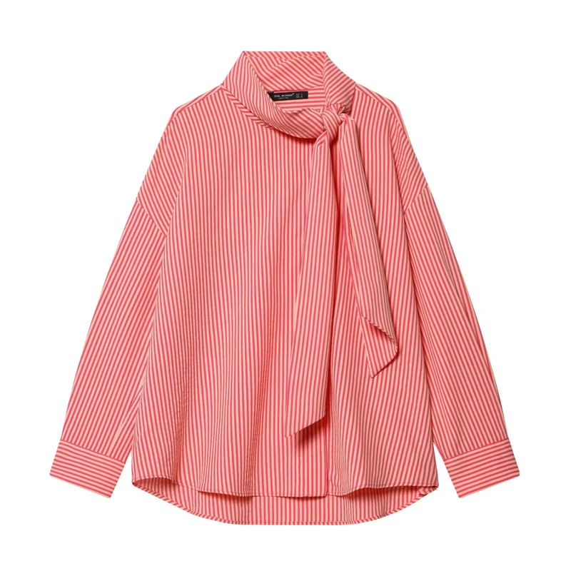 Damen Oversize Bluse mit Schleifenkragen und feinen Streifen Drune