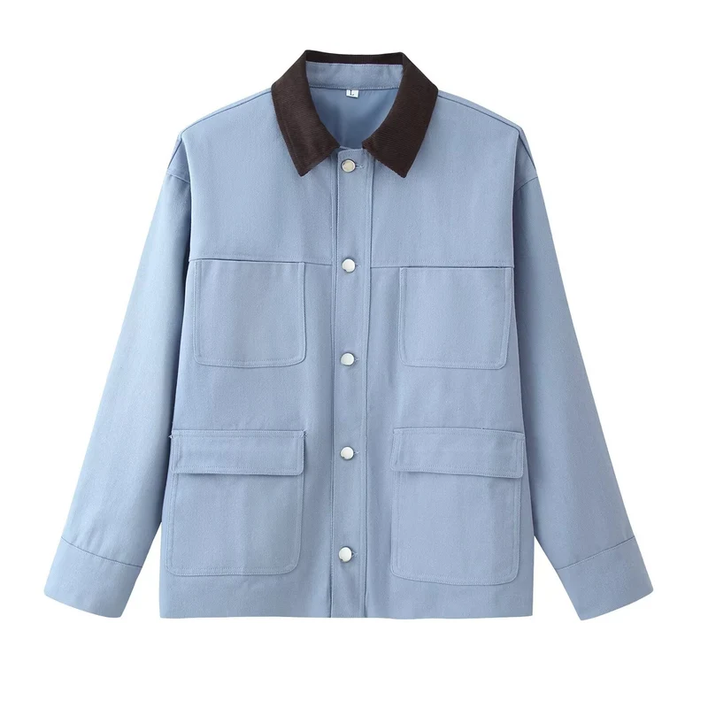 Damen Overshirt‑Jacke mit Kordkragen, aufgesetzten Taschen und Druckknopfleiste Drune