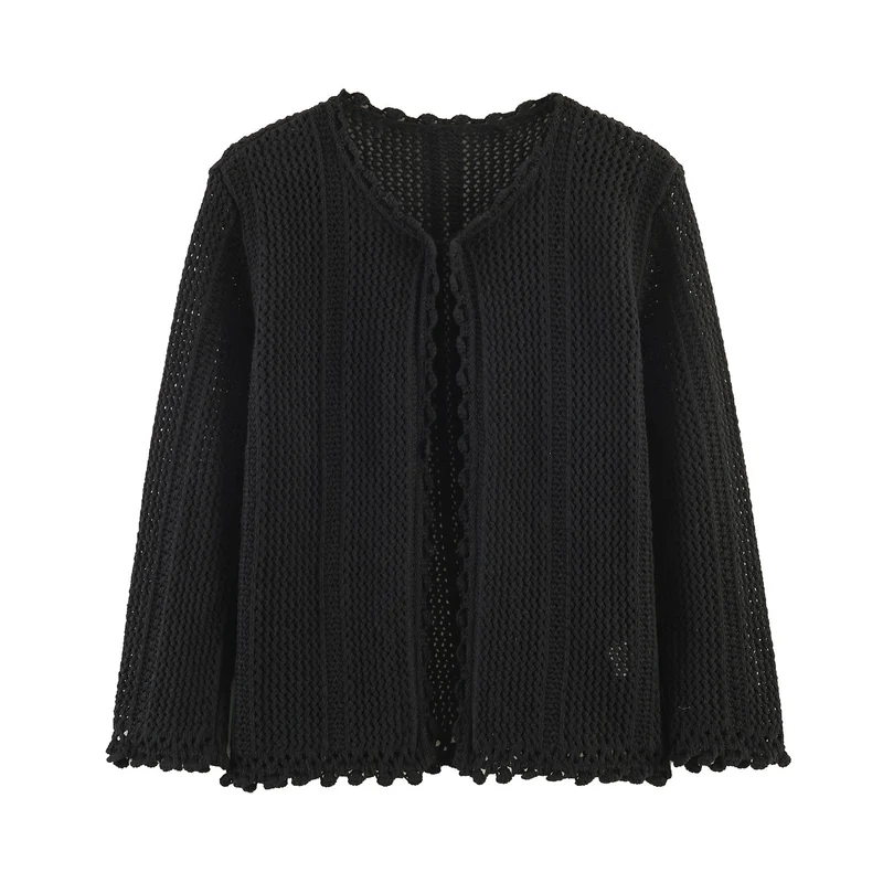 Damen Offener Häkel-Cardigan mit V-Ausschnitt und Wellenkante Drune