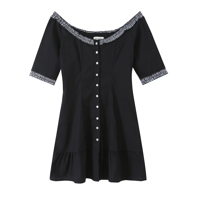 Damen Off-Shoulder Carmenkleid mit Knopfleiste, taillierter A‑Linie und kariertem Rüschenbesatz Drune