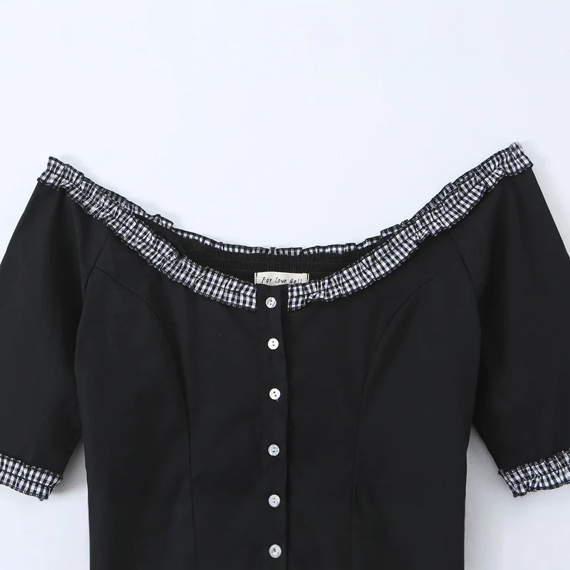 Damen Off-Shoulder Carmenkleid mit Knopfleiste, taillierter A‑Linie und kariertem Rüschenbesatz Drune