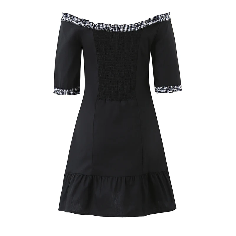 Damen Off-Shoulder Carmenkleid mit Knopfleiste, taillierter A‑Linie und kariertem Rüschenbesatz Drune