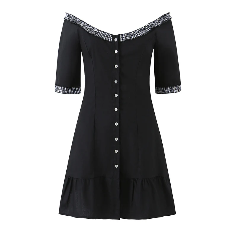 Damen Off-Shoulder Carmenkleid mit Knopfleiste, taillierter A‑Linie und kariertem Rüschenbesatz Drune