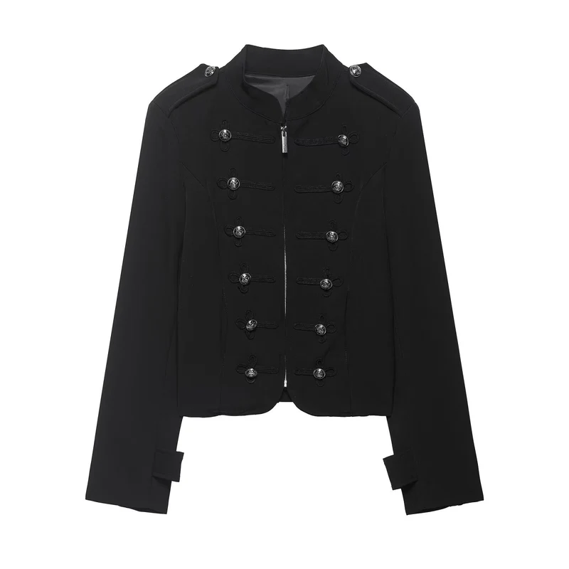 Damen Militärisch inspirierte Kurzjacke mit Stehkragen, Zierkordeln und Schulterklappen Drune