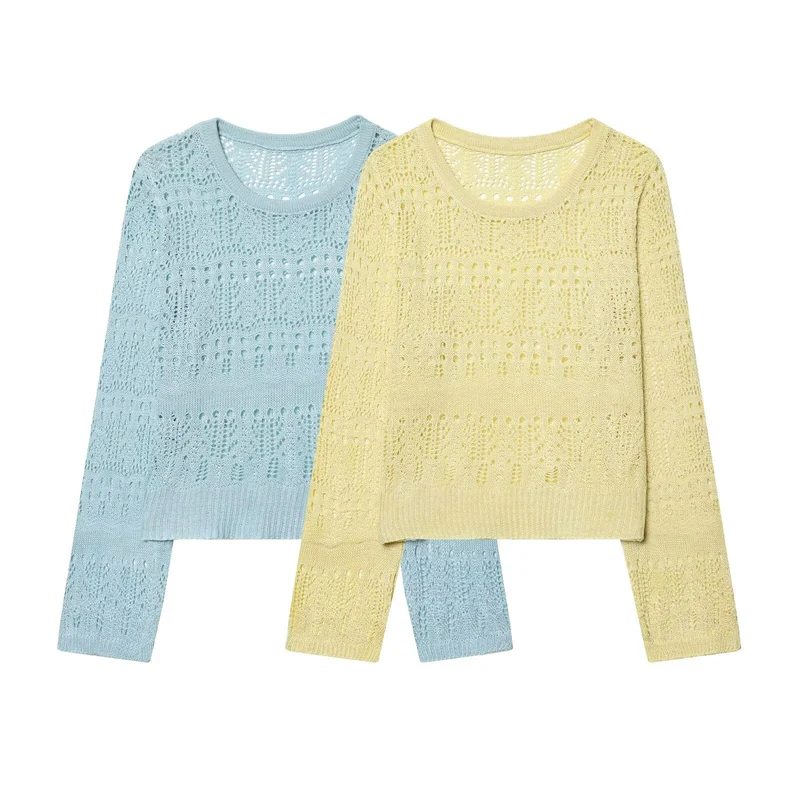 Damen Feinstrick-Openwork-Pullover mit Rundhalsausschnitt und filigranem Lochmuster Drune