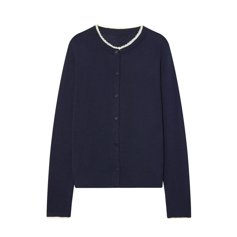 Damen Feinstrick-Cardigan mit Rundhals, Knopfleiste und Spitzenbesatz Drune
